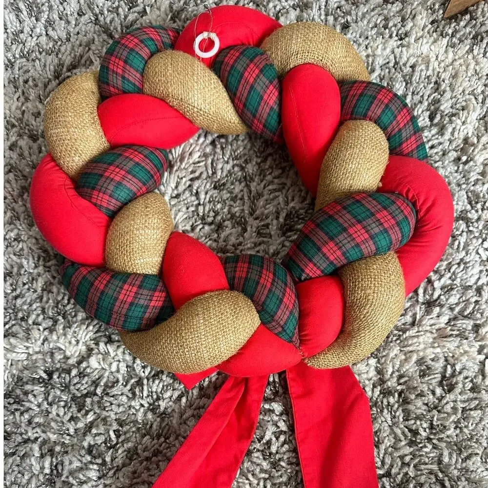 Braided Burlap Fabric Plaid Christmas Wreath Stuffed Handmade Rustic Farmhouse